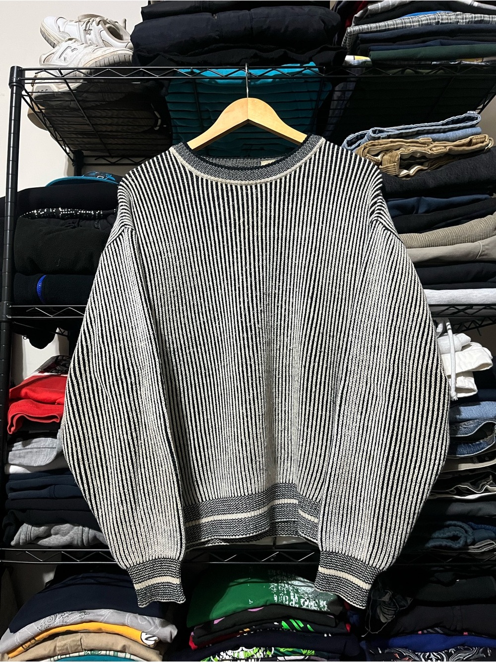Men's Black and White Striped Crewneck Sweater